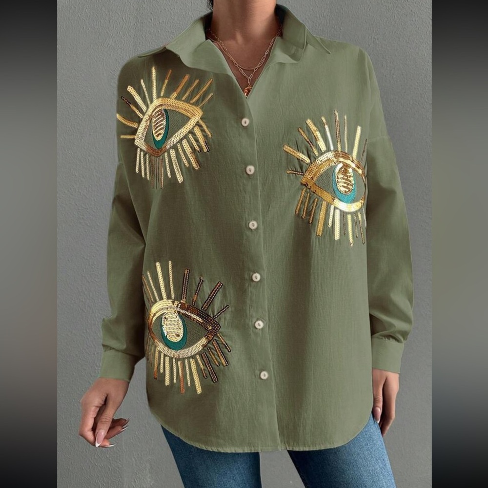 Boho blue eye embroidered button down long sleeve shirt - Picture 3 of 5